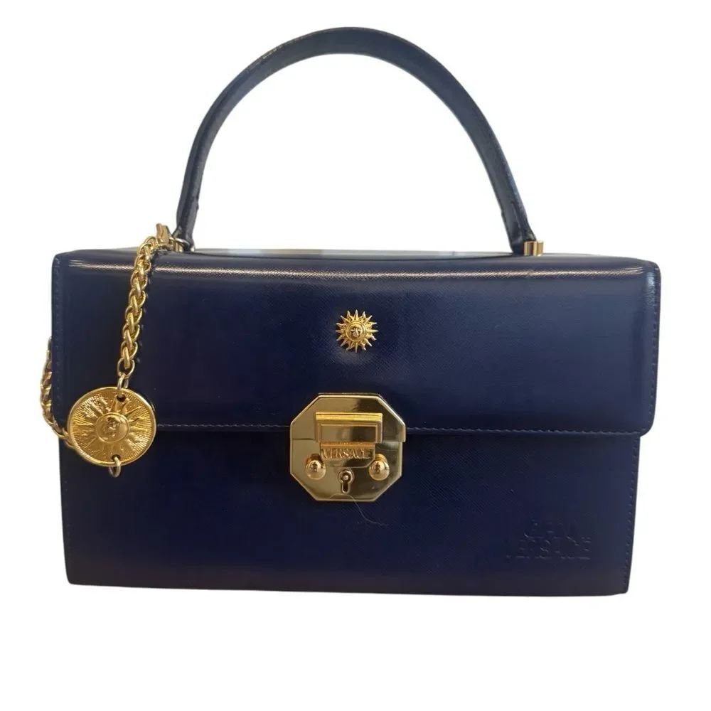 Gianni Versace Navy Blue Smooth Leather Vanity Train Case Top Handle Bag Mint